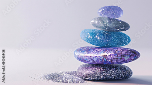 A surreal image of a stack of blue, purple, and silver rocks floating in midair, symbolizing balance and harmony.
