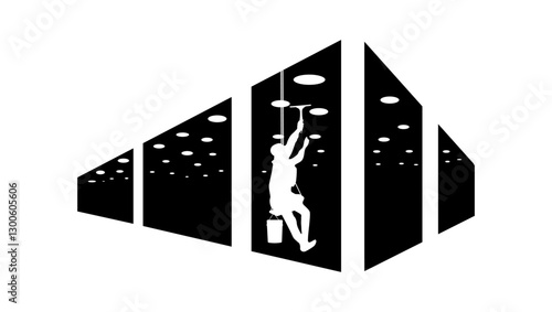 Industrial alpinist cleans window , black isolated silhouette