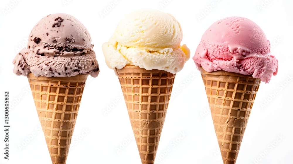 Photograph of three ice cream cones with different colors and flavors Photograph of three ice cream cones with different colors and flavors