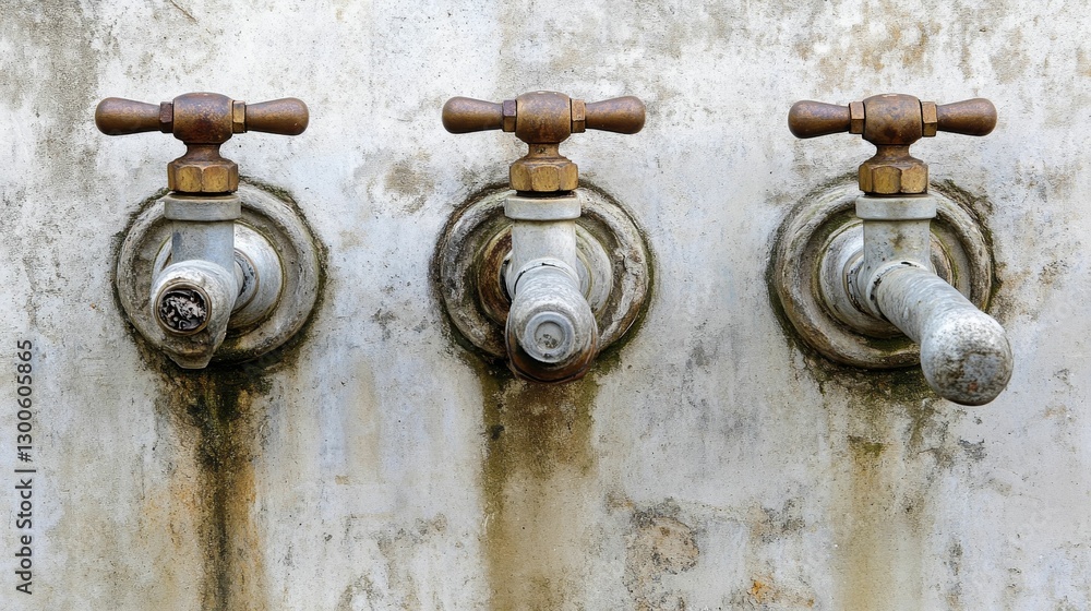 Three weathered faucets with worn metal handles on wall. Three weathered faucets with worn metal handles on wall.