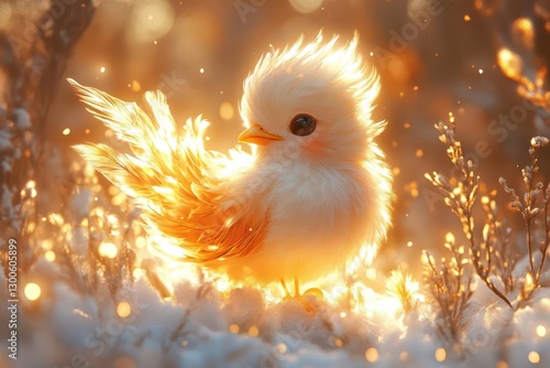 a playful animestyle baby phoenix with iridescent feathers perched on a minimalist cloud background radiating soft golden light and warmth