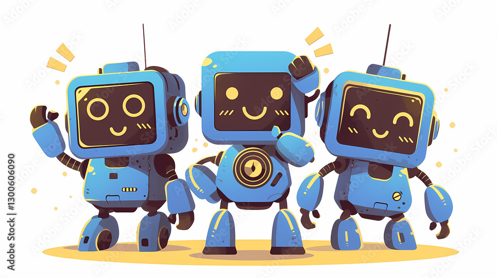 Three cheerful cartoon robots with smiling faces and antennas, celebrating together in a colorful background Three cheerful cartoon robots with smiling faces and antennas, celebrating together in a colorful background