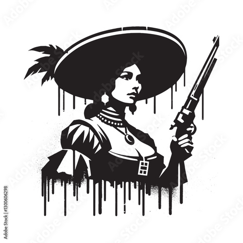 Vintage lady vigilante with rifle and feathered hat in monochrom