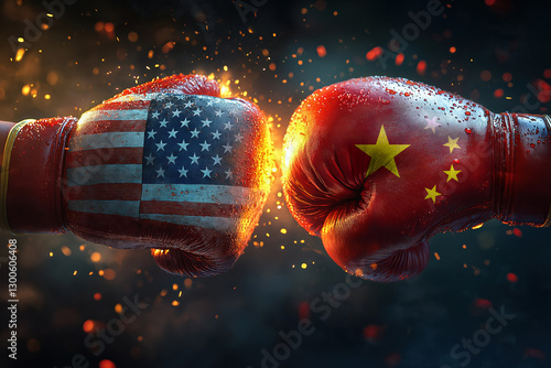 Usa and china boxing gloves colliding, symbolizing international conflict