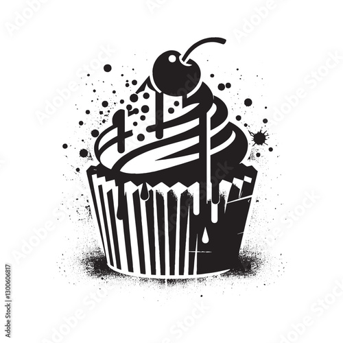 Monochromatic Cupcake with Cherry and Spray Paint Splatter