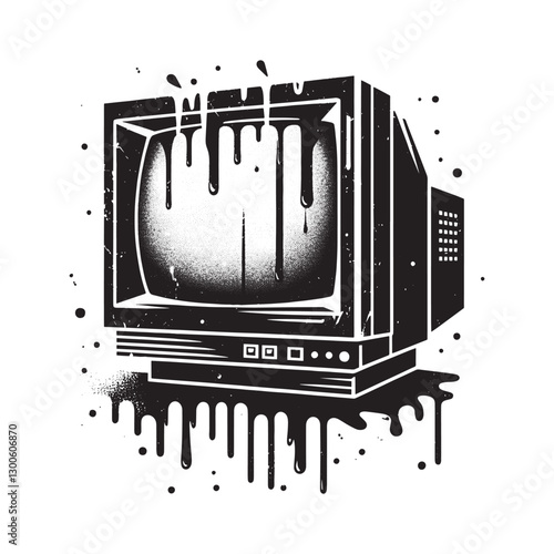 Vintage Computer Screen with Retro Drips and Abstract Grunge Eff