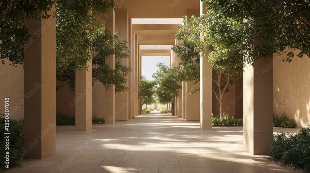 Architectural promenade with verdant trees and rhythmic column formations