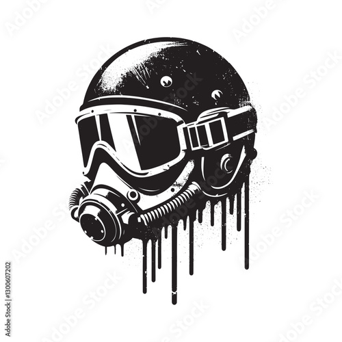 Distressed skydiving helmet art in stencil style with dripping p