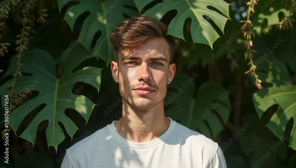 A man with a stylish haircut and a white t-shirt stands in front of large monstera leaves, creating a natural and artistic portrait. A man with a stylish haircut and a white t-shirt stands in front of large monstera leaves, creating a natural and artistic portrait.