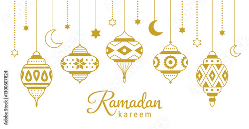 Banner with traditional eastern style mosaic hanging lamps, crescent and stars. Ethnic asian gold colored background of ornate pendant lanterns. Ramadan kareem EPS 10 vector illustration.