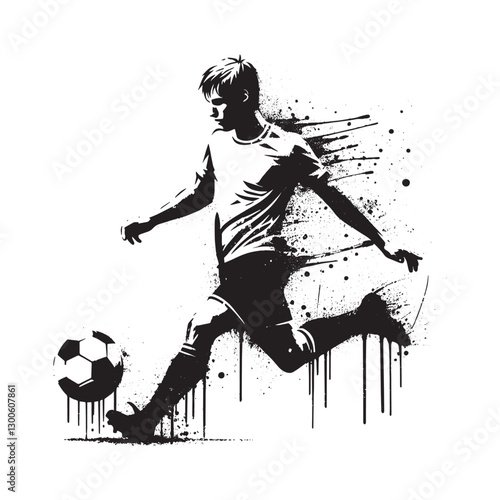 Dynamic soccer player in stencil art with dripping effect and gr