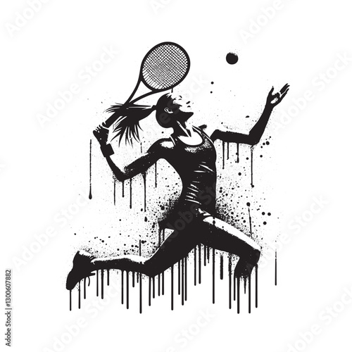 Dynamic tennis player in action stencil illustration with grunge