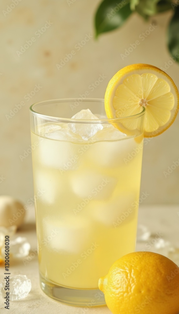 Refreshing glass of lemonade with ice cubes and lemon slice garnish. Perfect for hot summer days. Food and beverage advertisements, summer promotions, and recipe blogs. Refreshing glass of lemonade with ice cubes and lemon slice garnish. Perfect for hot summer days. Food and beverage advertisements, summer promotions, and recipe blogs.