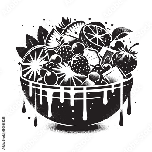 Monochrome illustration of a fruit bowl overflowing with fresh d