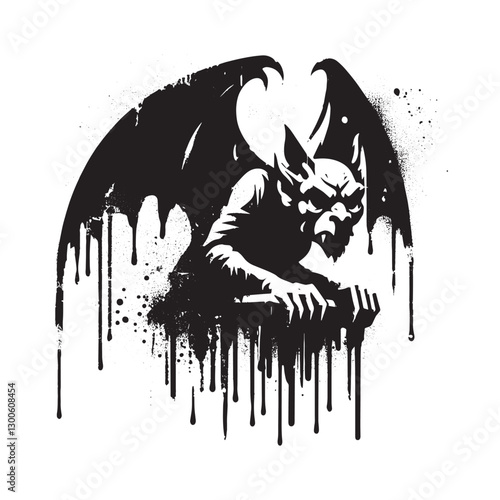 Gothic Gargoyle in Spray Paint Style: Monochrome Illustration