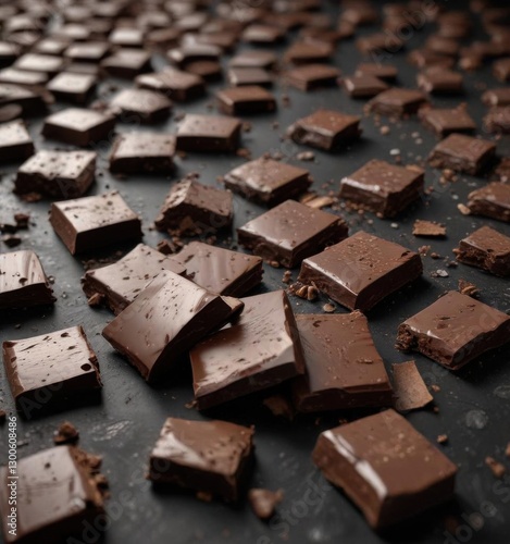 Rich, smooth chocolate fragments sliding across a dark surface ,  macro,  chocolate