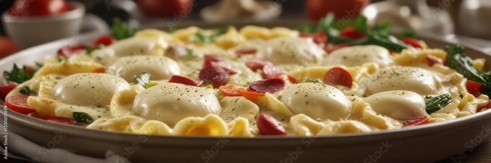 Salami and mozzarella ravioli with golden alfredo sauce nestled among steaming vegetables, comfort food, pasta, vegetables Salami and mozzarella ravioli with golden alfredo sauce nestled among steaming vegetables, comfort food, pasta, vegetables