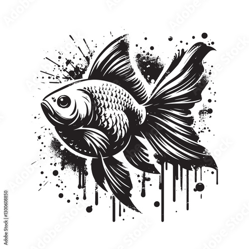 Monochrome aquatic art: Stylized goldfish with abstract drips an