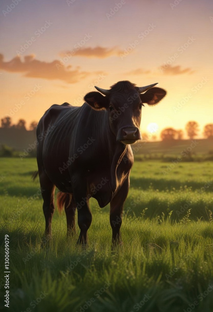 Silhouette of a cow in a green field at sunset, nature, landscape Silhouette of a cow in a green field at sunset, nature, landscape