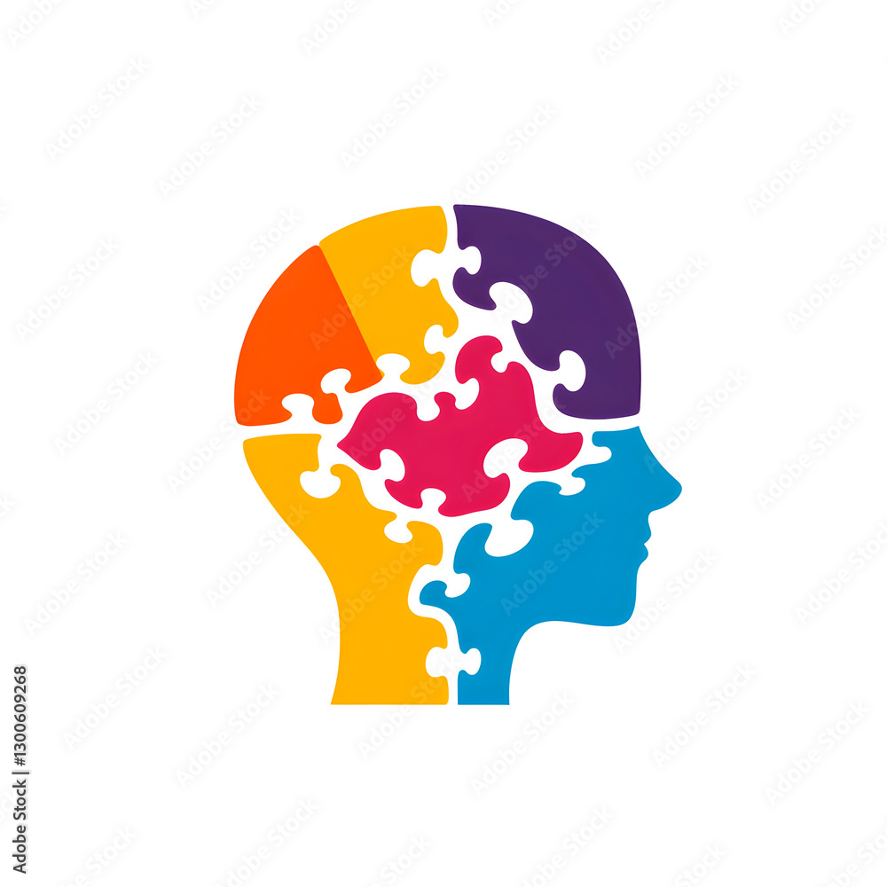 Colorful human head silhouette composed of puzzle pieces, symbolizing autism awareness, neurodiversity, and cognitive diversity Colorful human head silhouette composed of puzzle pieces, symbolizing autism awareness, neurodiversity, and cognitive diversity