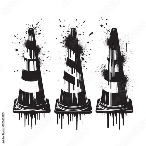 Grunge Aesthetics, Stencil Style Traffic Cones with Dripping Pai