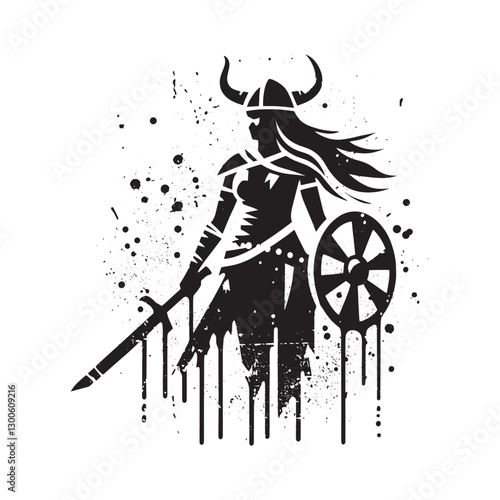 Gritty viking valkyrie stencil with spray paint details and rugg
