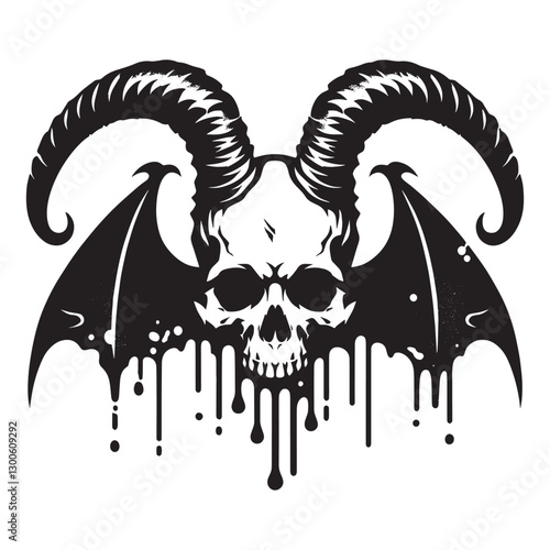 Grunge Skull with Horns and Bat Wings Stencil Art Style Graphic