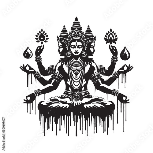 Grunge stencil of Vishnu with four arms and dripping paint effec