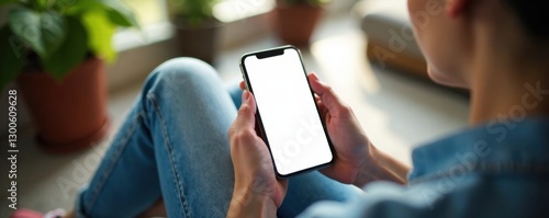 Woman sitting with mobile phone in hand holding a blank screen , mobile, solo