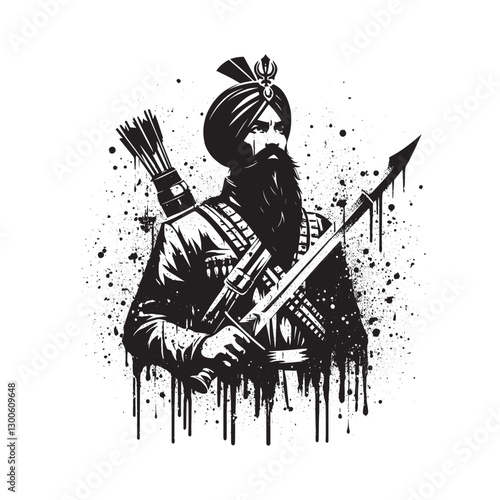Grunge stencil, stoic sikh warrior armed with spear and arrows