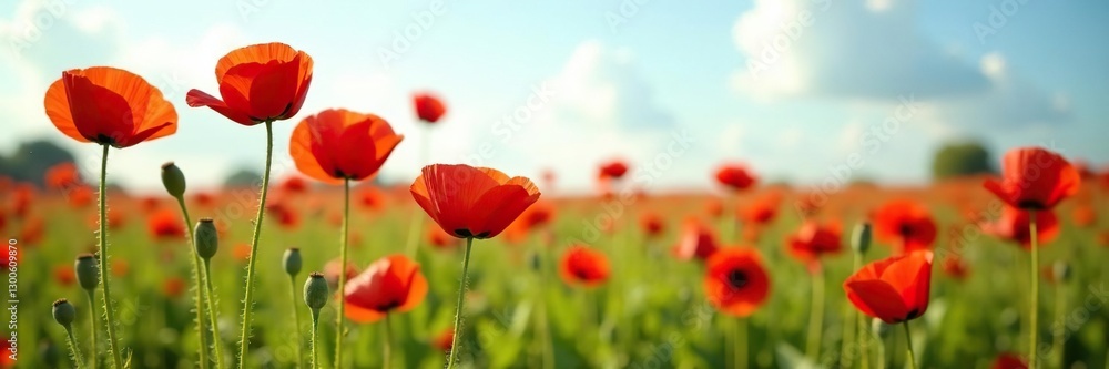 Tall red poppy stalks swaying gently in the breeze,, wildflower field Tall red poppy stalks swaying gently in the breeze,, wildflower field
