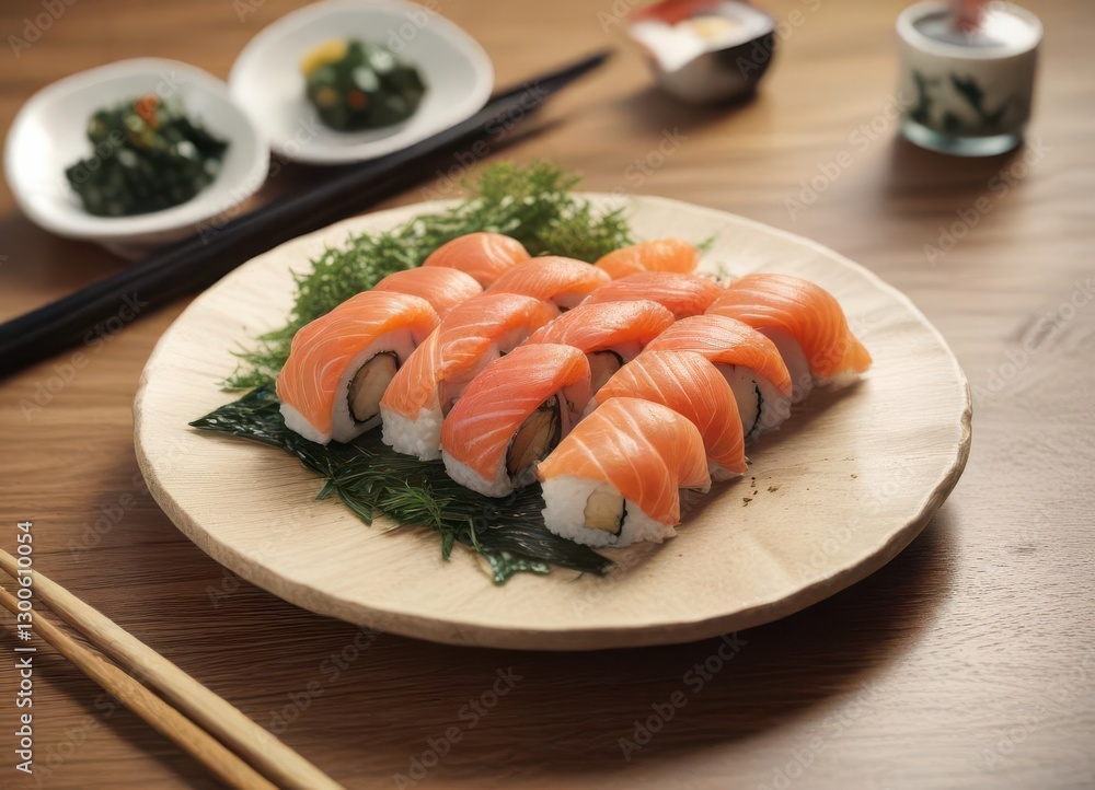 A plate of fresh sushi with raw salmon and seaweed, sushi rolls, sushi A plate of fresh sushi with raw salmon and seaweed, sushi rolls, sushi