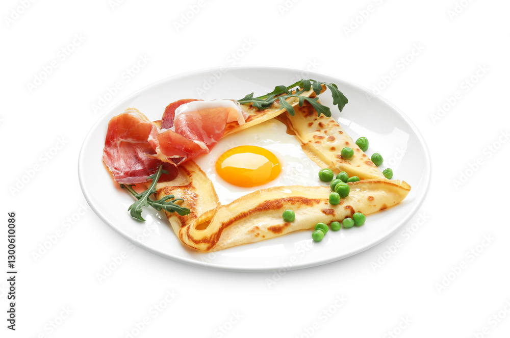 Delicious crepe with egg, bacon, green peas and arugula isolated on white Delicious crepe with egg, bacon, green peas and arugula isolated on white