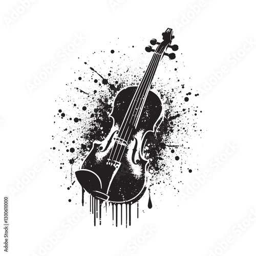 Grunge violin music illustration with dripping paint and stencil