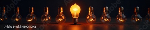 A row of light bulbs with one glowing bulb at the end, surrounded by darkness, solitude, glow