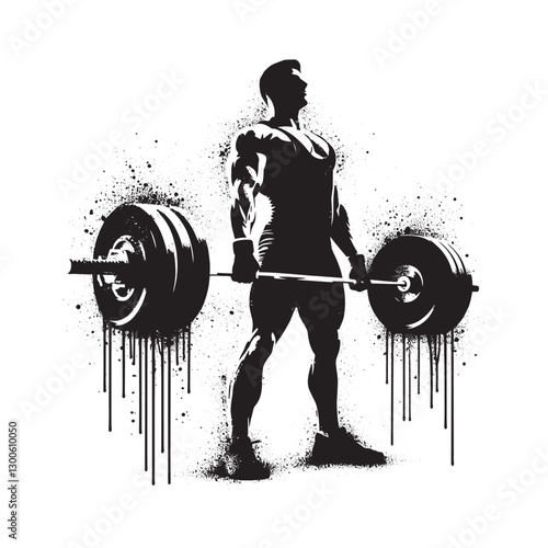 Grunge weightlifter lifting barbell in stencil style with drippi