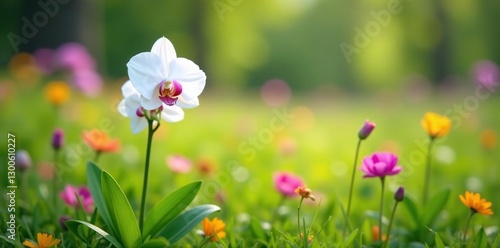 White orchid blooms in a lush meadow of colorful flowers, grassland, blooming, tranquility