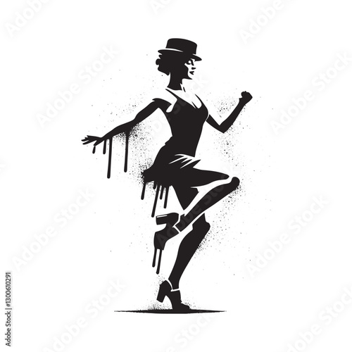 Grungy silhouette of a woman tap dancing with spray paint drips