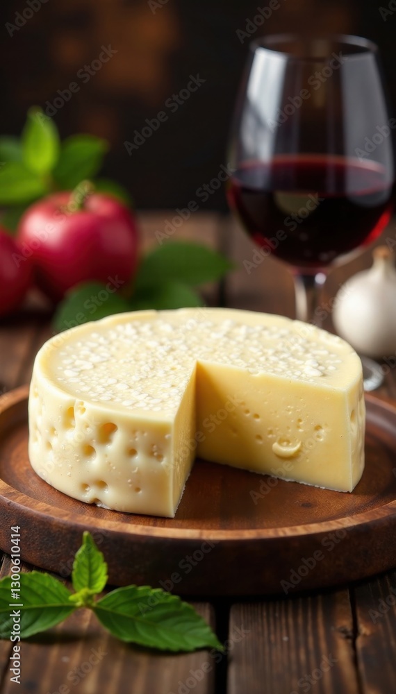 A wheel of creamy Brie cheese on a wooden table next to a glass of red wine, bottle, rustic A wheel of creamy Brie cheese on a wooden table next to a glass of red wine, bottle, rustic