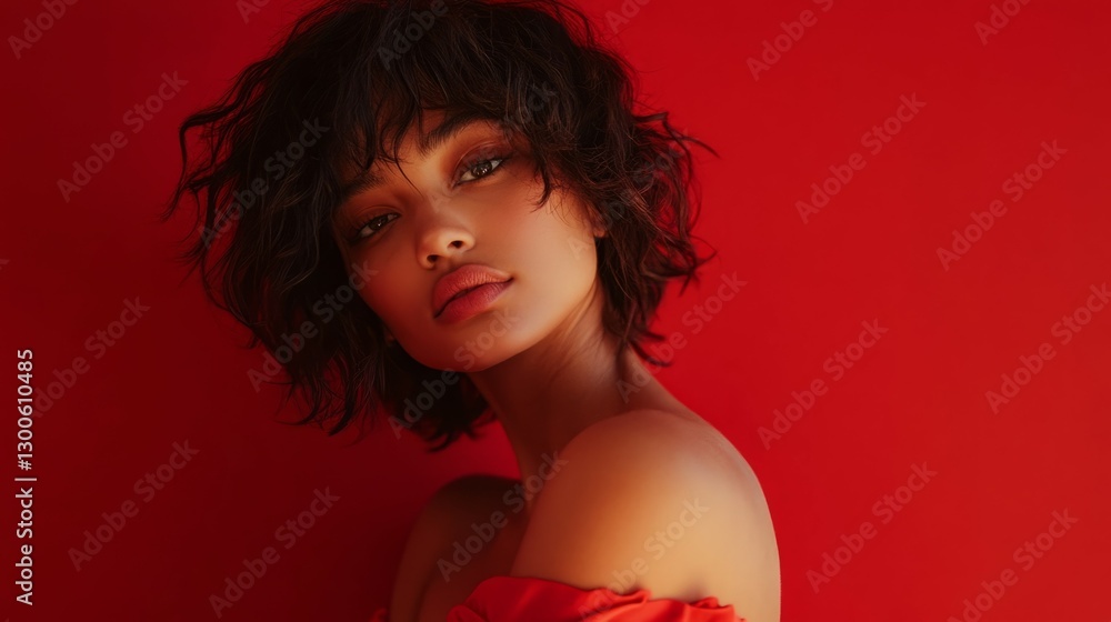 Obraz premium A young woman with short, dark, curly hair against a bold red backdrop. Fierce and fashionable.