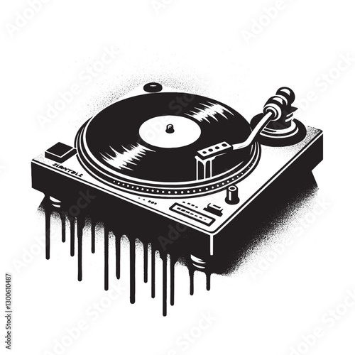 Grungy Stencil Turntable Illustration with Dripping Spray Effect