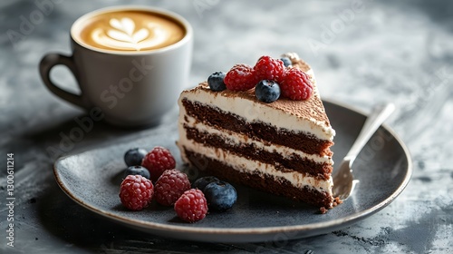 A piece of chocolate mousse cake with berries