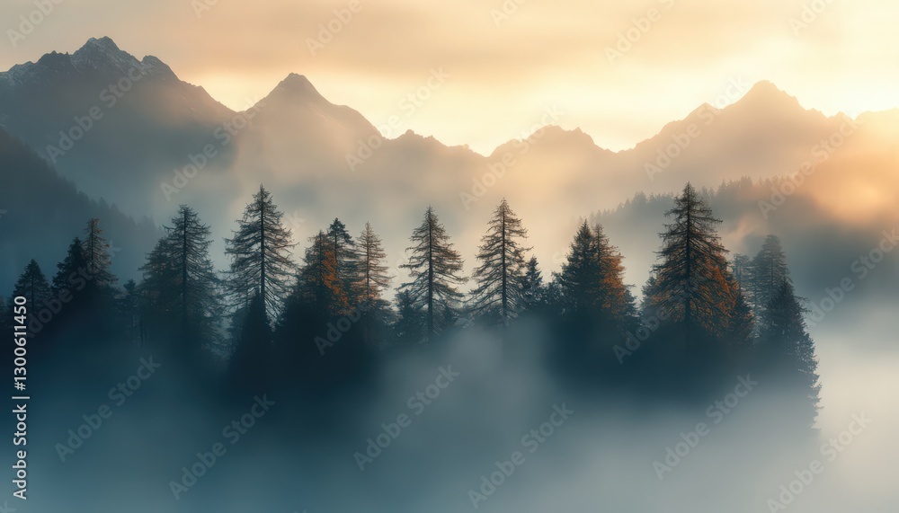 Obraz premium Misty Mountain Sunrise Landscape with Evergreen Trees