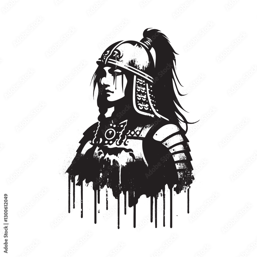 Fototapeta premium Monochromatic illustration of a resilient female warrior in batt