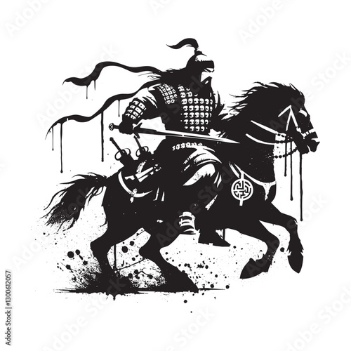 Abstract illustration of a mounted warrior in full armor with sw