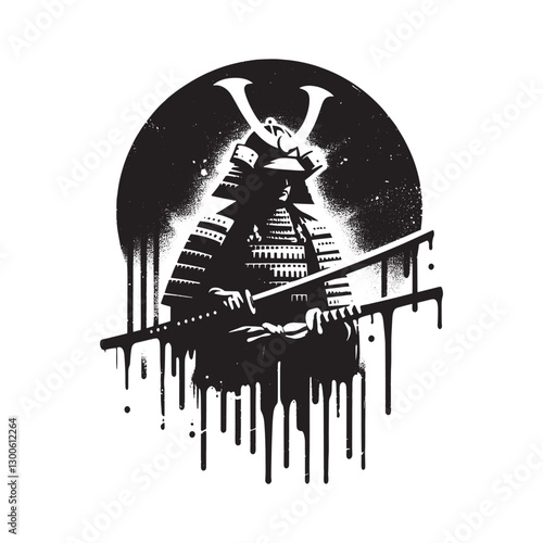 Monochrome samurai warrior with dripping paint effect and stenci