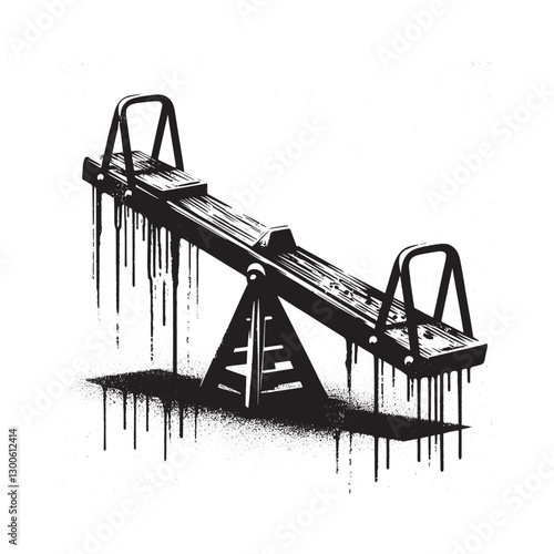 Monochrome playground seesaw art with dripping paint and grunge