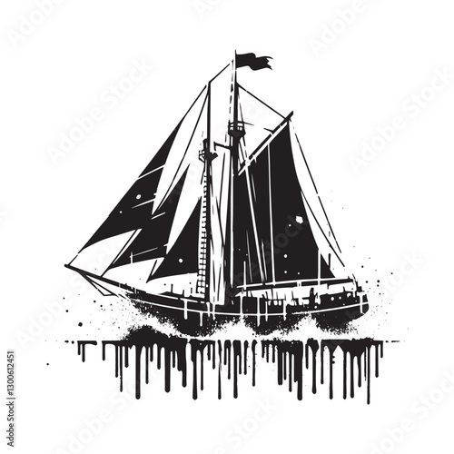 Monochrome sailboat with dripping spray paint and grunge texture