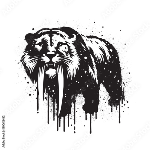 Monochrome Smilodon Portrait with Dripping Paint Effect and Grun