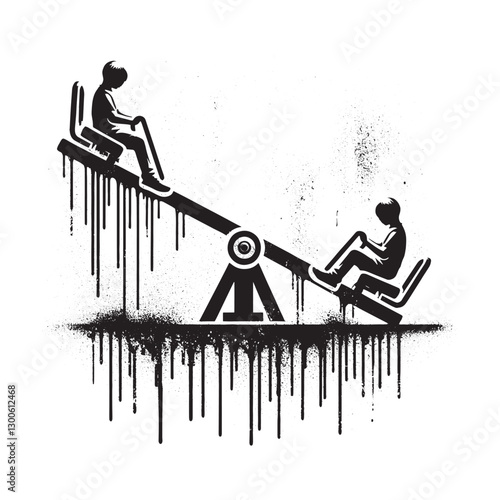 Monochrome seesaw art with grunge textures and dripping paint ef